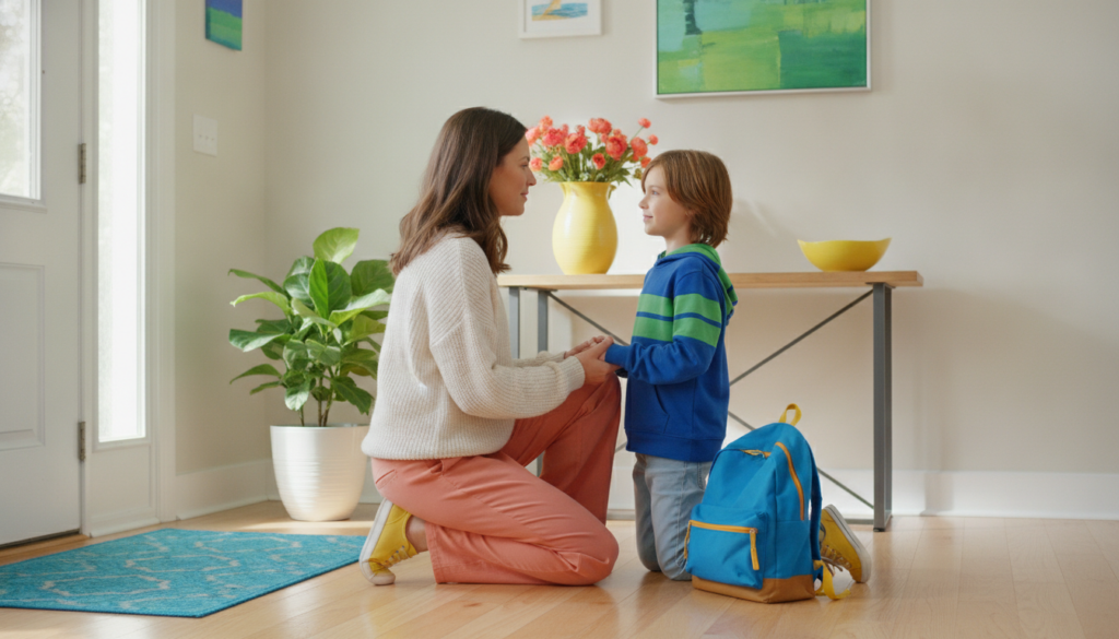Parent reassuring their child near the front door before school