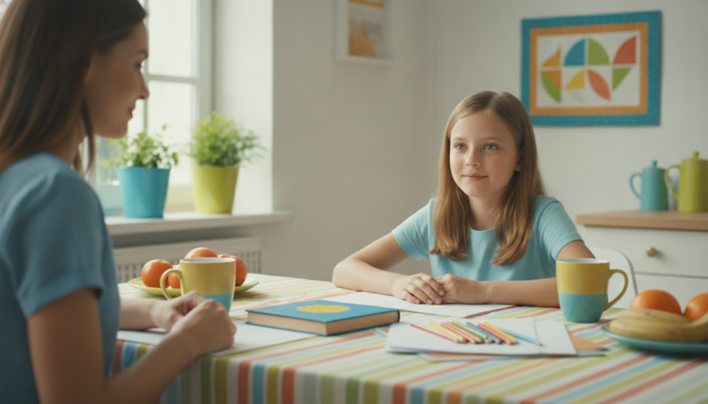 Parent and child sharing a calm confident reading moment at a bright kitchen table