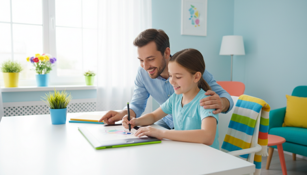 Parent encouraging a child focused on their work at a desk