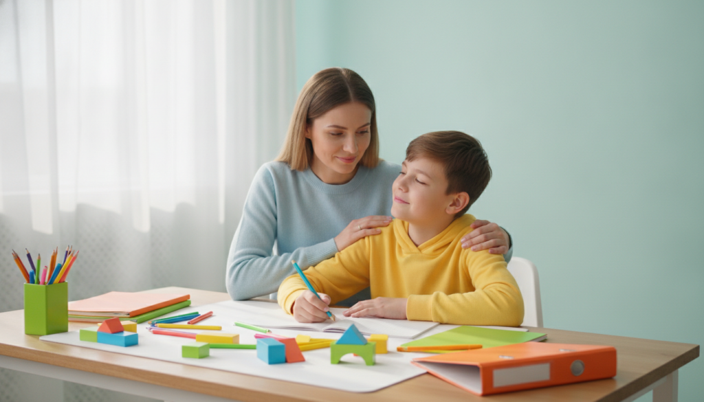 A patient mother sitting calmly beside her 12-year-old at a bright homework desk as the child begins to relax