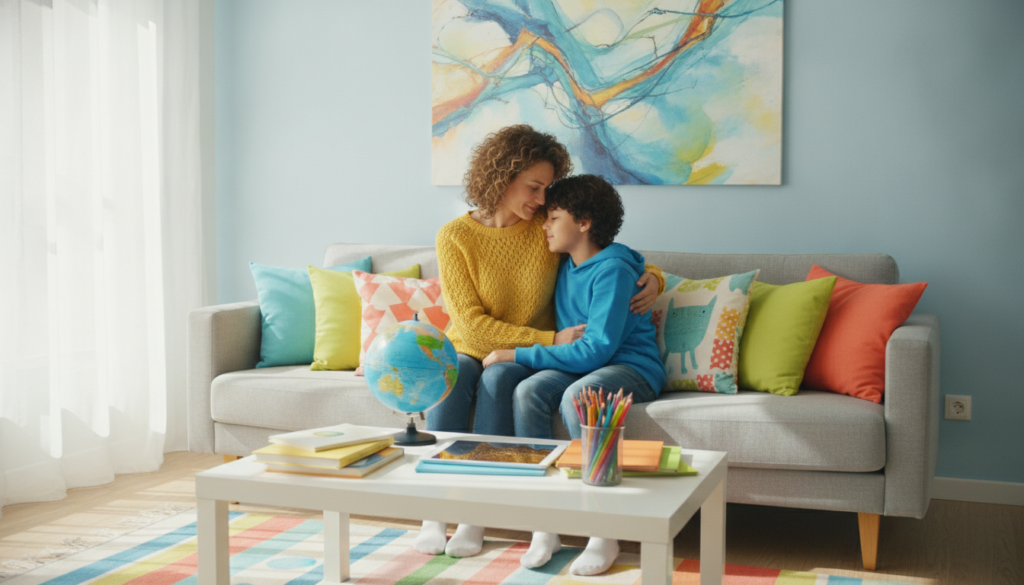 A resilient single mother sharing a close hopeful moment with her 12-year-old child on a bright sofa
