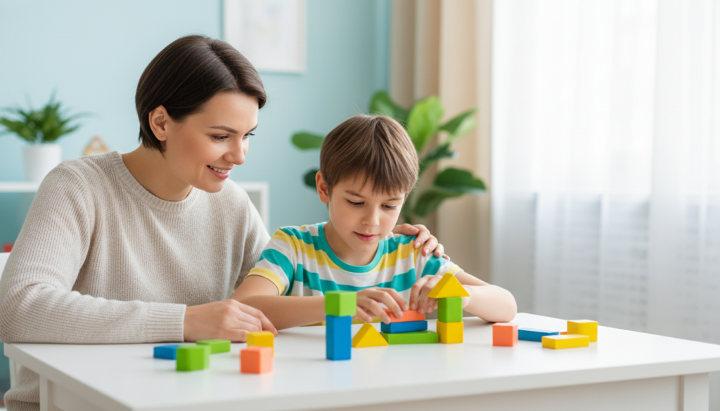 A caring parent encouraging a 12-year-old child working with colorful counting blocks at a bright table