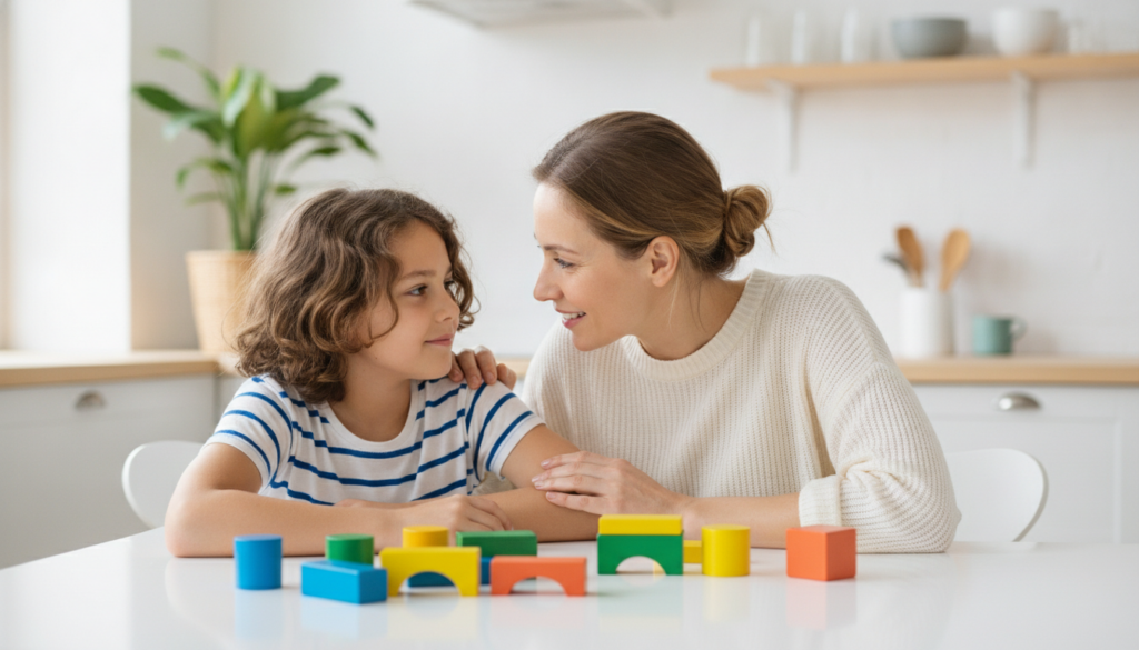 A mother sitting beside her child at a kitchen table with colorful learning blocks, offering warm support