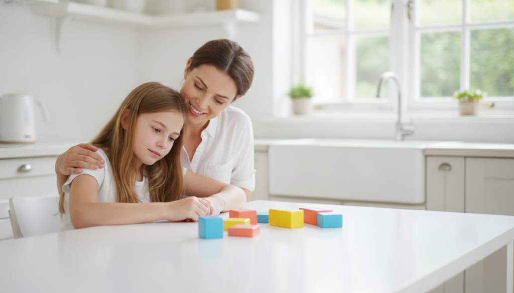 A mother gently comforting her daughter at a kitchen table with colorful learning blocks