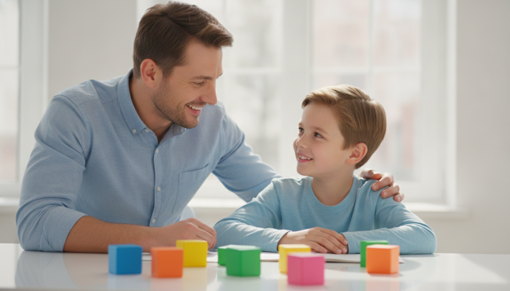 A proud parent encouraging their child at a desk with colorful learning blocks