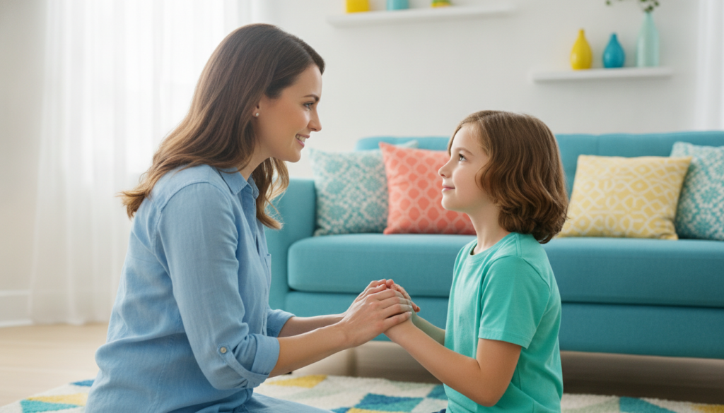 A mother kneeling to eye level with her child, holding hands and speaking with warm reassurance