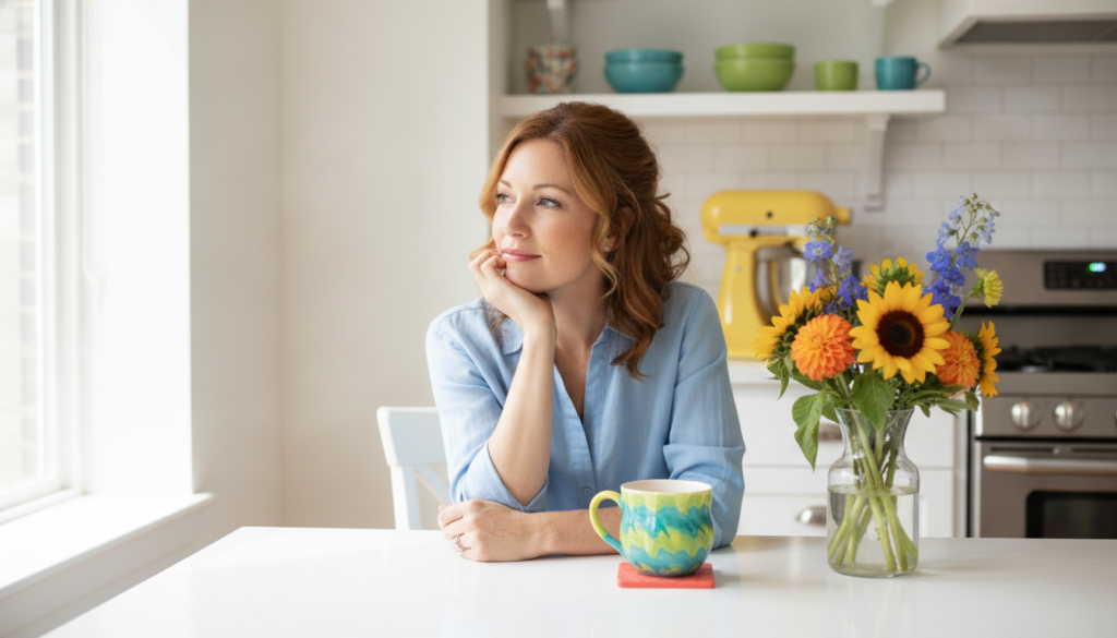 A reassured parent at a bright kitchen table considering her childs next step