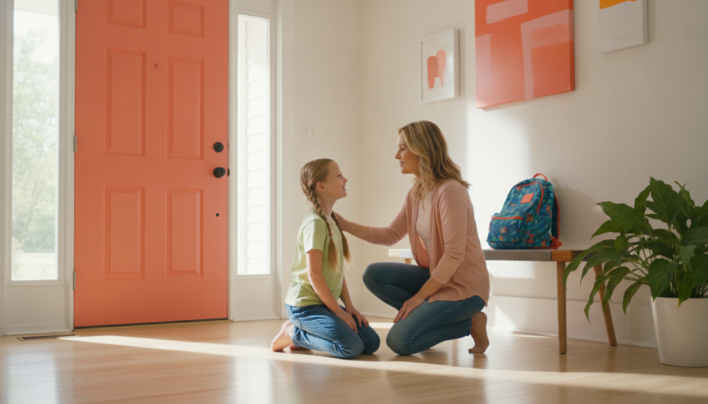 A mother reassuring her daughter calmly near the front door before school