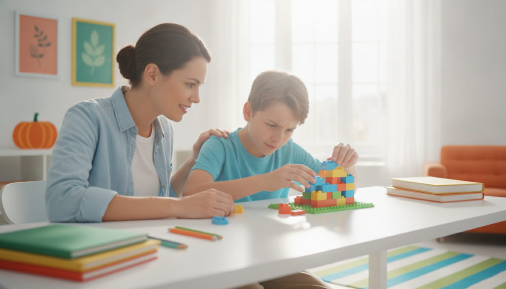Parent supporting a determined child through a challenging task