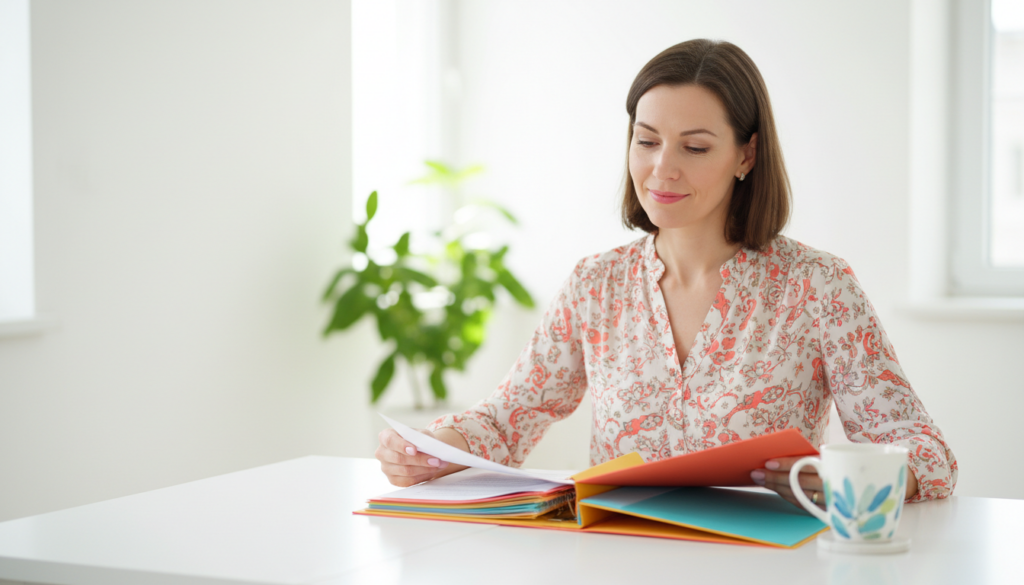 A focused, determined parent reviewing school paperwork at a bright desk, calm and ready to advocate