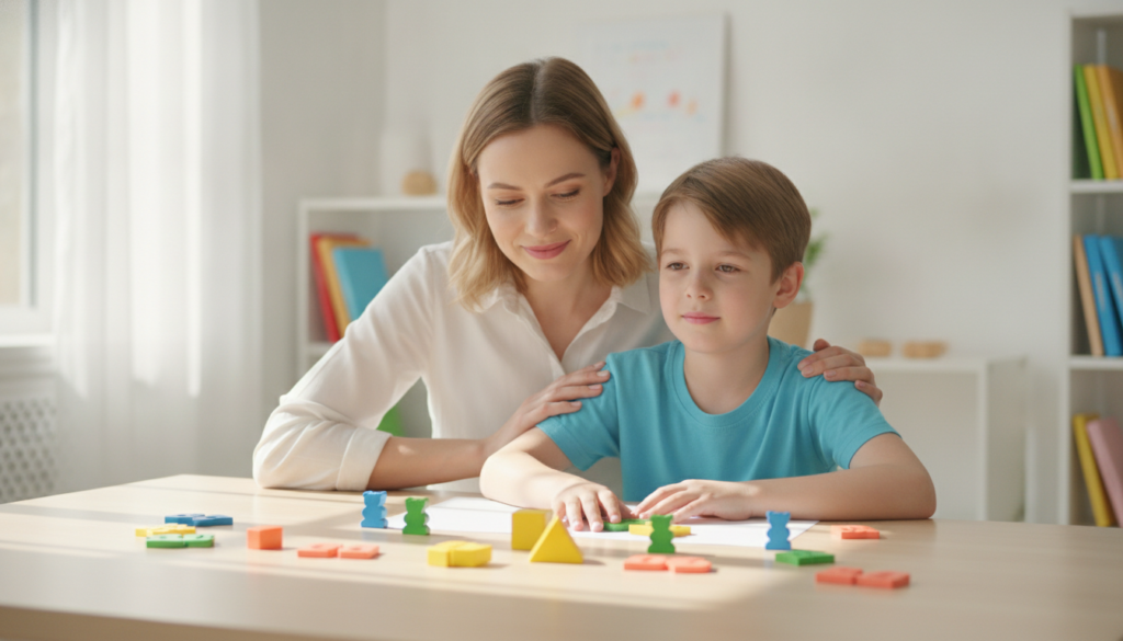 A patient parent and a 12-year-old child working with bright colorful math counting blocks at a clean table