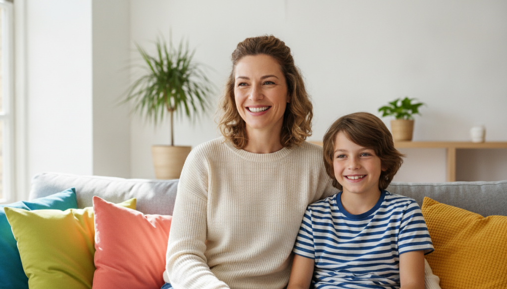 A warm hopeful mother and her 12-year-old child sitting close together, smiling with ease during a calm shared reading-practice moment