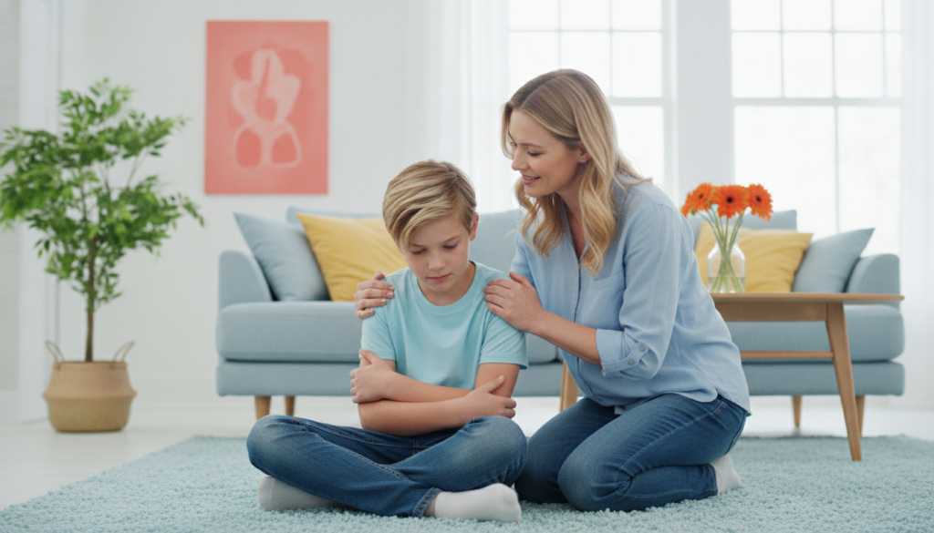 A compassionate mother kneeling to gently comfort and listen to her 12-year-old child in a bright, airy home