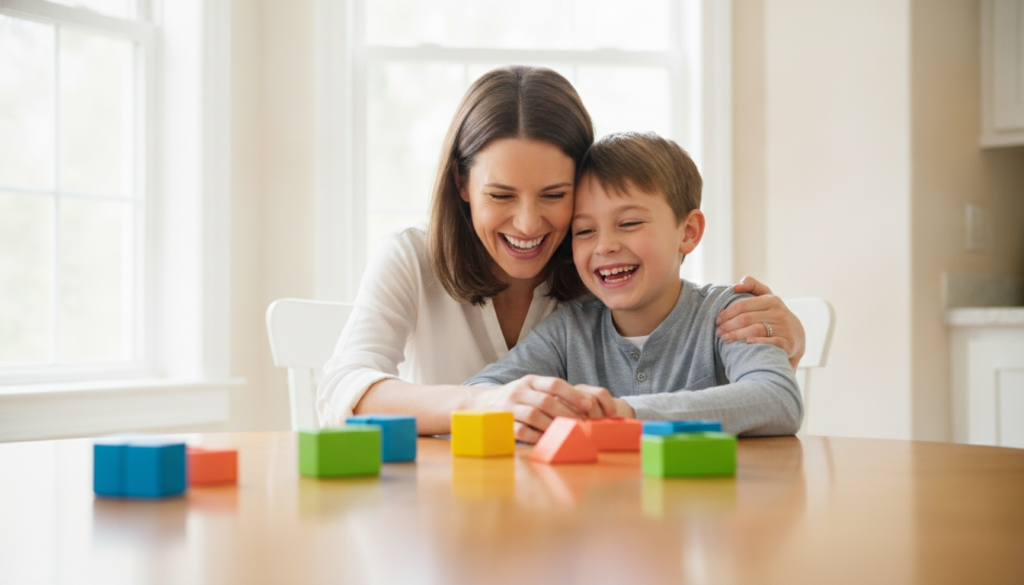 A smiling mother sitting close beside her happy 12-year-old at a sunny kitchen table, learning together.