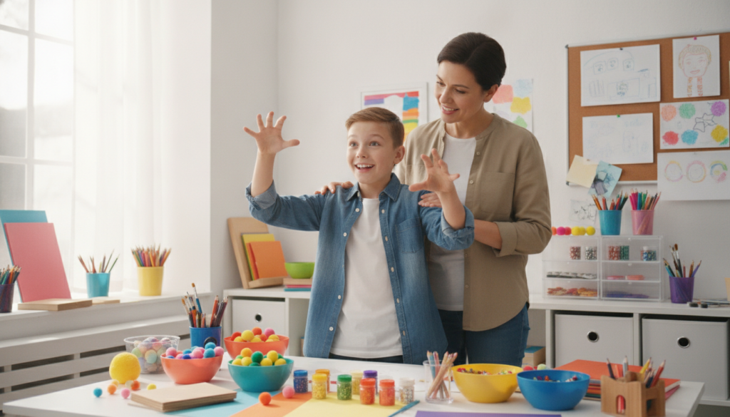 An imaginative excited 12-year-old gesturing with big ideas beside an encouraging smiling parent in a sunny creative room.