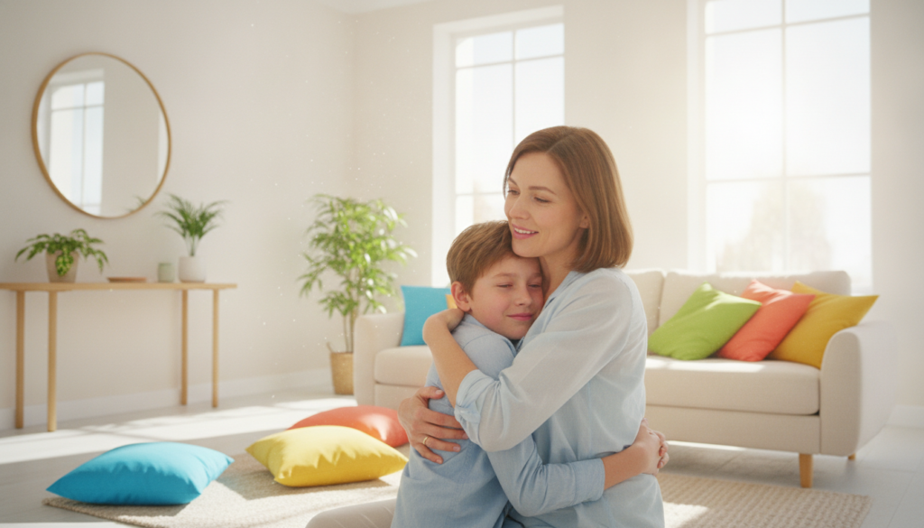 A gentle mother comforting and reassuring her 12-year-old with a warm hug in a sunny living room.