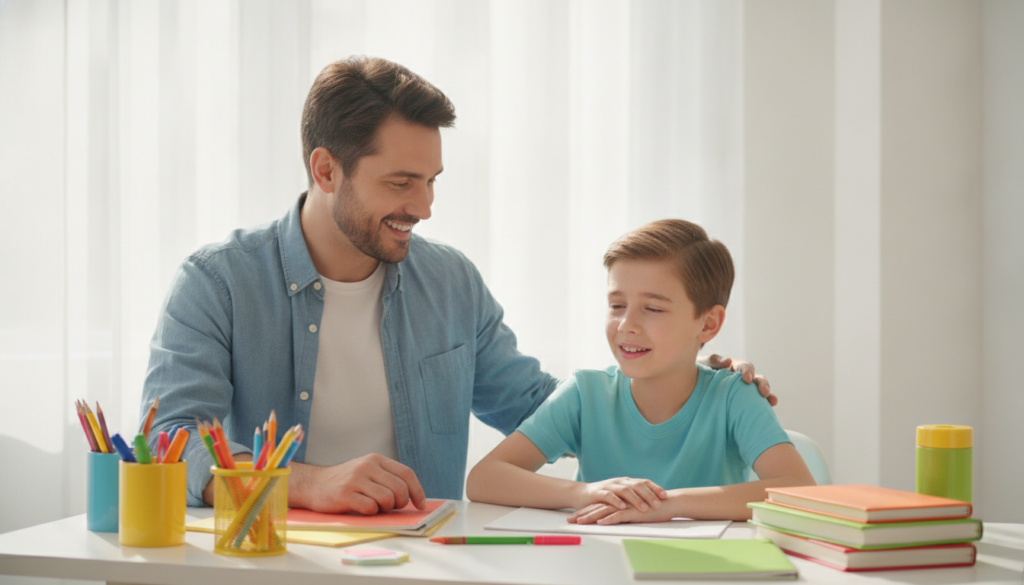 A reassuring father smiling warmly at his 12-year-old at a tidy sunlit desk.