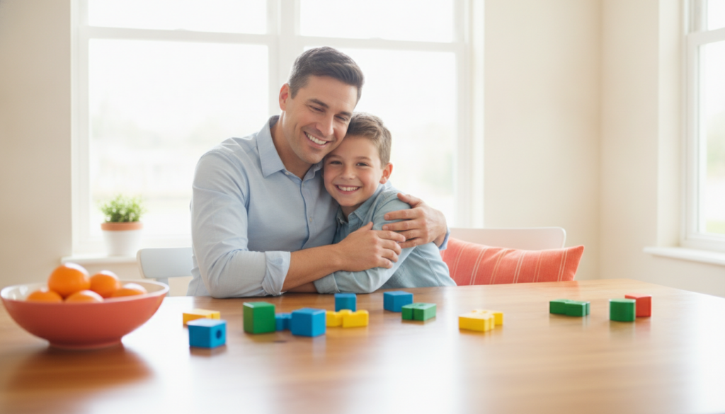 A hopeful parent and 12-year-old sitting together at a bright kitchen table with colorful learning blocks