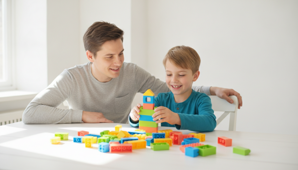 A caring parent watching their 12-year-old happily build with colorful blocks at a bright table