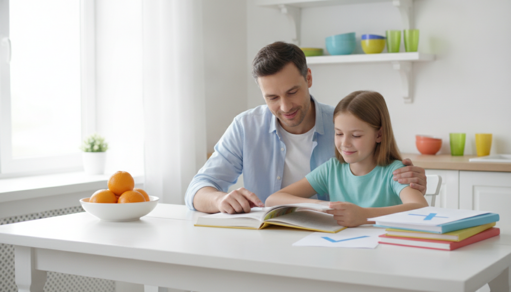 A warm parent reading calmly beside their 12-year-old at a bright kitchen table, reassuring and hopeful