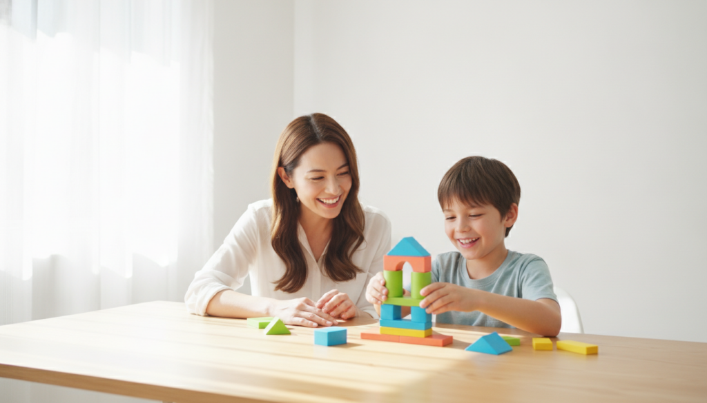 A mother smiling proudly beside her 12-year-old child working on a colorful puzzle at a bright table