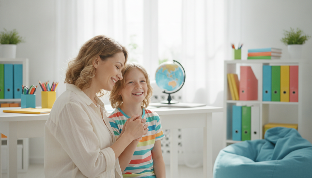 A relieved mother and her 12-year-old child smiling together in a bright home learning corner