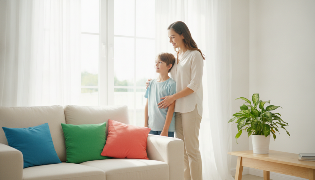 A determined mother with a reassuring hand on her 12-year-old child's shoulder in a bright sunlit room