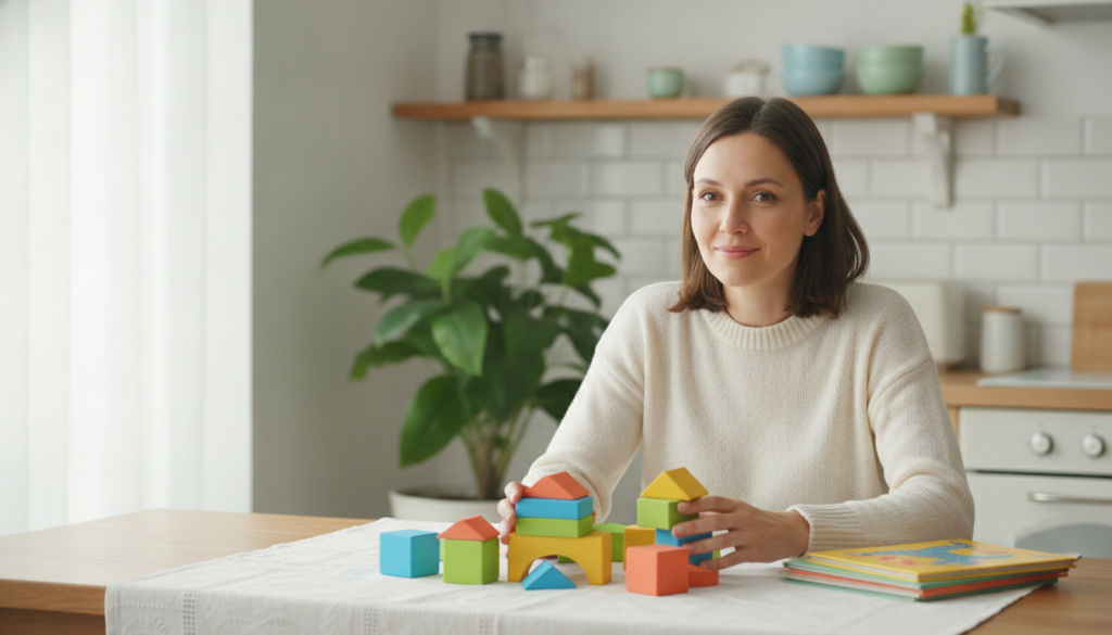 A hopeful mother at a bright kitchen table in a sunny home, determined and relieved
