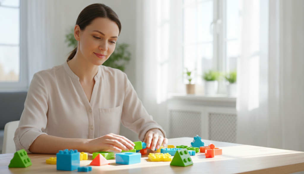 A thoughtful caring mother at a bright table in a sunny home with colorful learning manipulatives