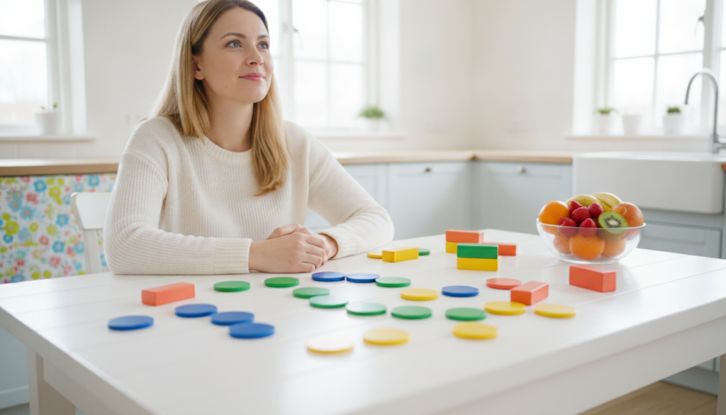 A caring mother at a bright kitchen table looking thoughtful and hopeful with colorful math counters on the table
