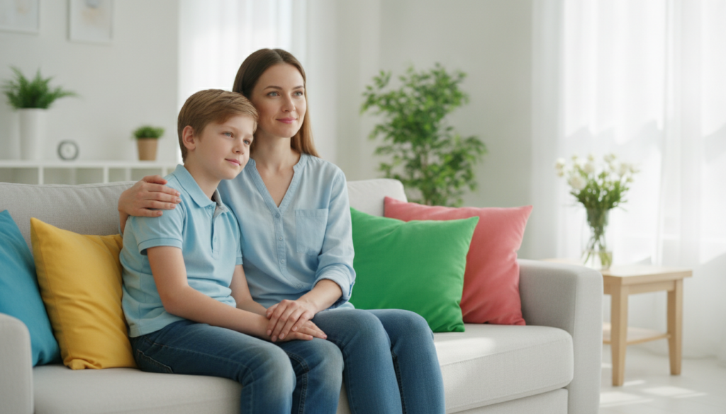 A protective loving mother with a reassuring arm around her 12-year-old child in a bright sunlit living room