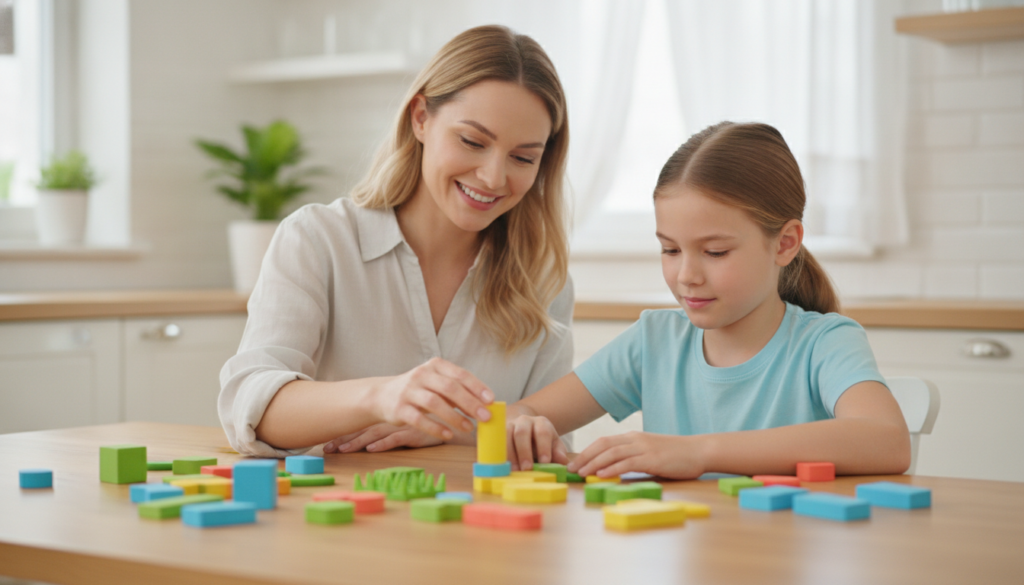A warm mother encouraging her calm 12-year-old at a bright table with colorful counting blocks