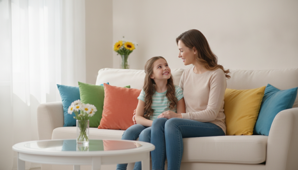 A warm mother reassuring her happy 8-year-old daughter on a bright sofa