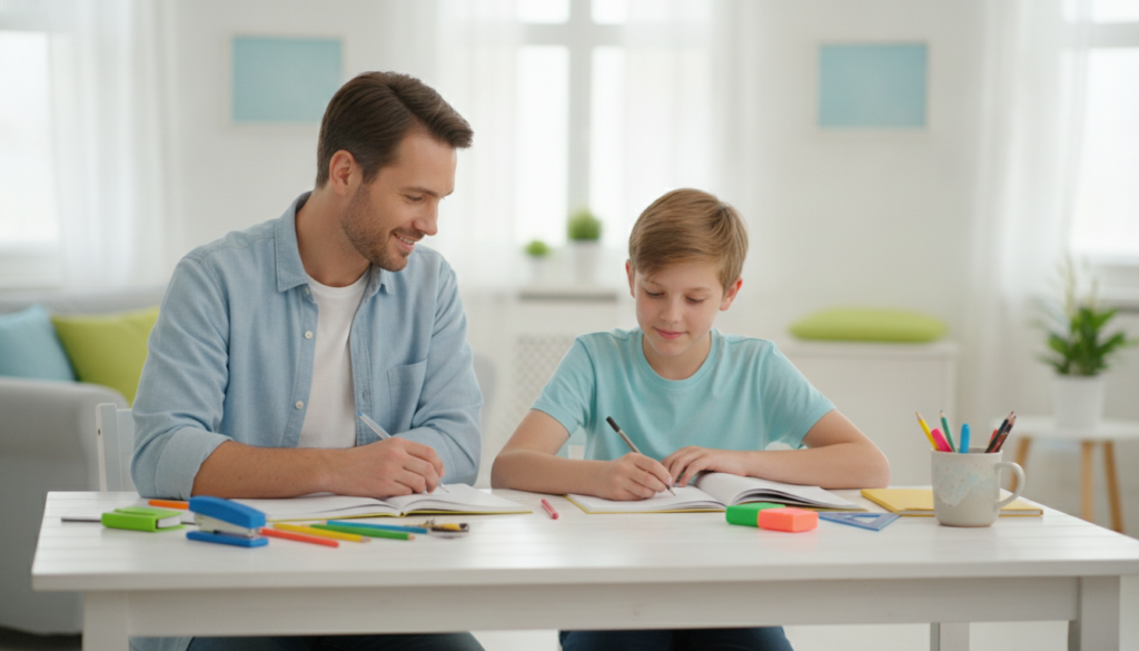 A patient parent sitting beside a calm focused 12-year-old during evening reading practice