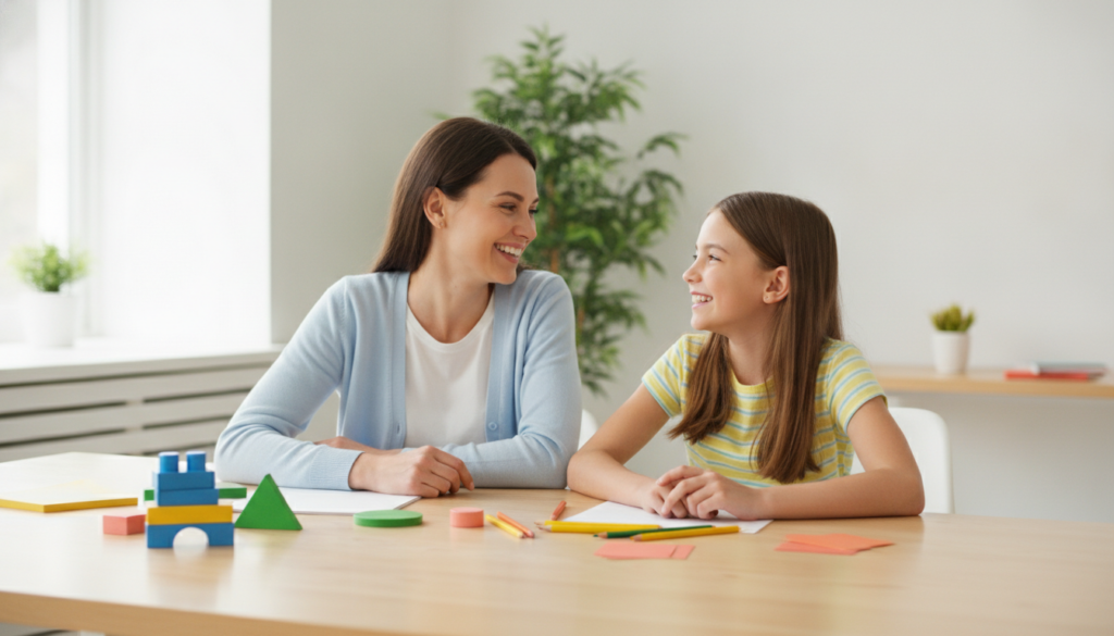 A warm mother and her hopeful 12-year-old daughter connected at a bright table
