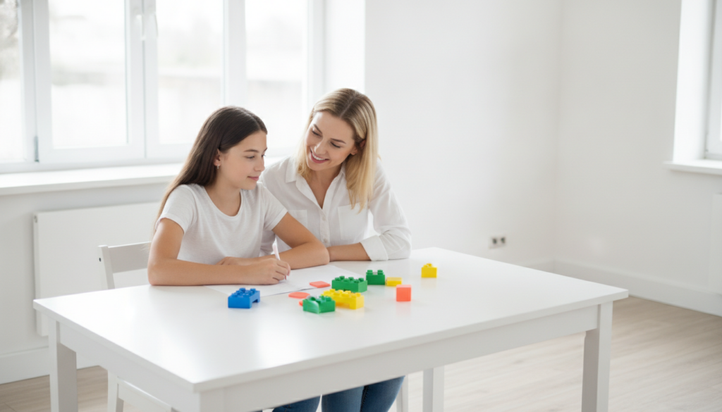 Encouraging mother sitting beside her focused daughter at a bright kitchen table