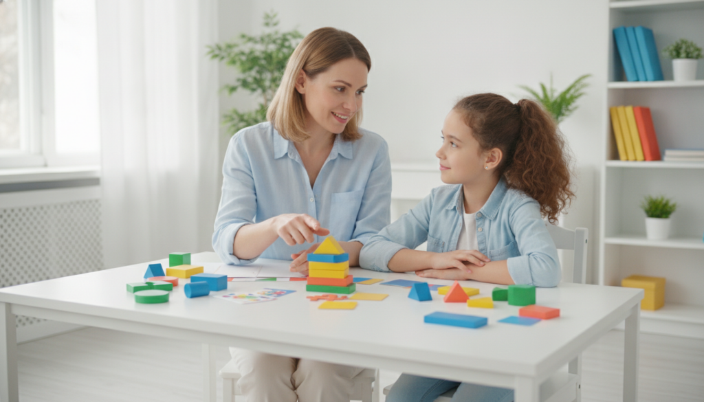A determined mother guiding her daughter through learning at home