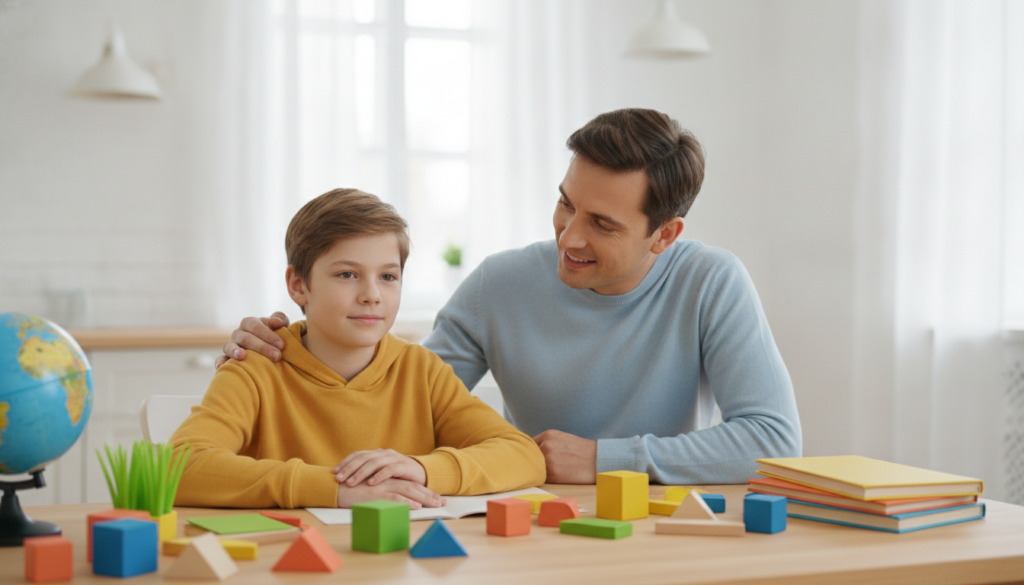 A parent leaning in encouragingly beside a calm child at a bright kitchen table during homework.