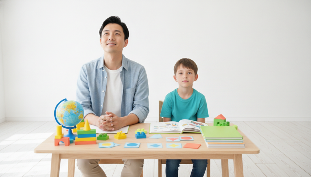 A hopeful parent surrounded by colorful learning materials, looking up with fresh resolve beside their child.