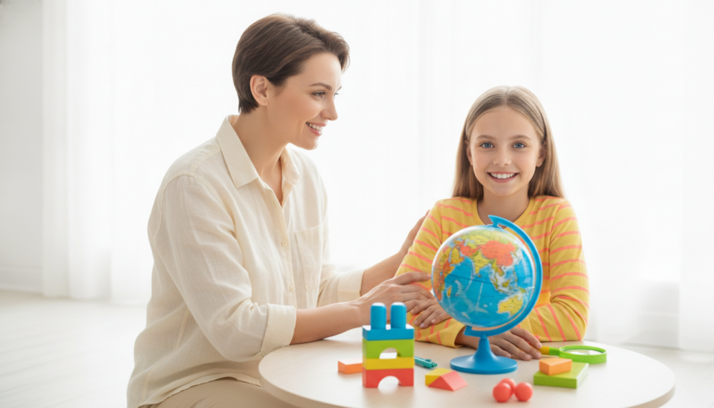 A parent reassuring a hopeful bilingual girl at a bright table with a colorful globe and learning props.