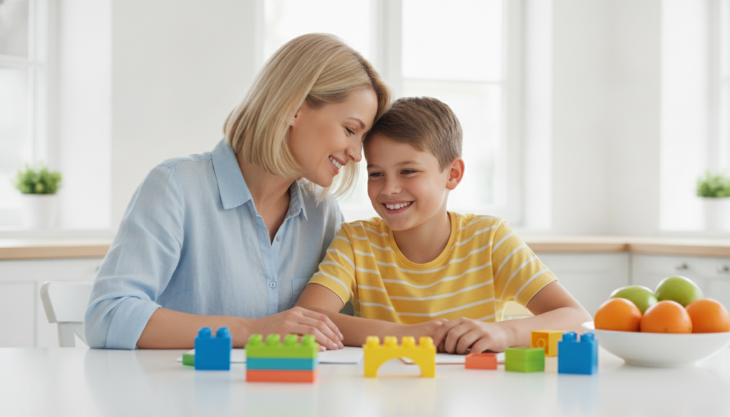 A mother sitting close to her smiling 12-year-old at a sunlit table, warm and reassuring
