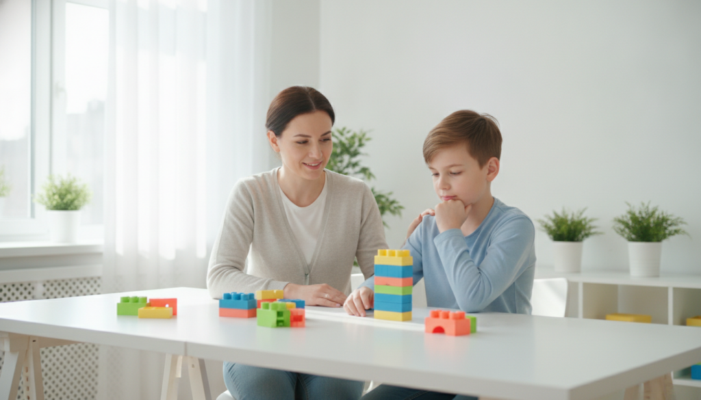 A patient parent sitting beside a thoughtful 12-year-old at a bright desk