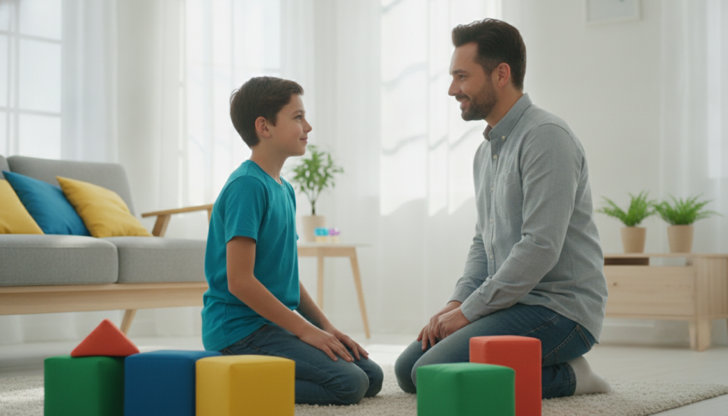 A warm parent kneeling to eye level with a hesitant 12-year-old in a bright living room