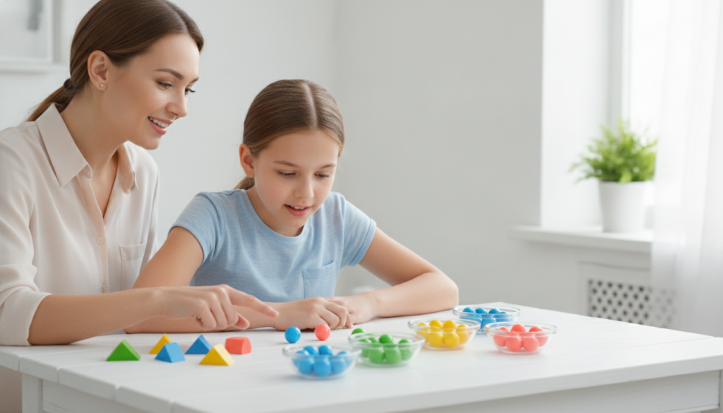 A supportive mother encouraging a 12-year-old girl at a bright table with colorful sorting beads