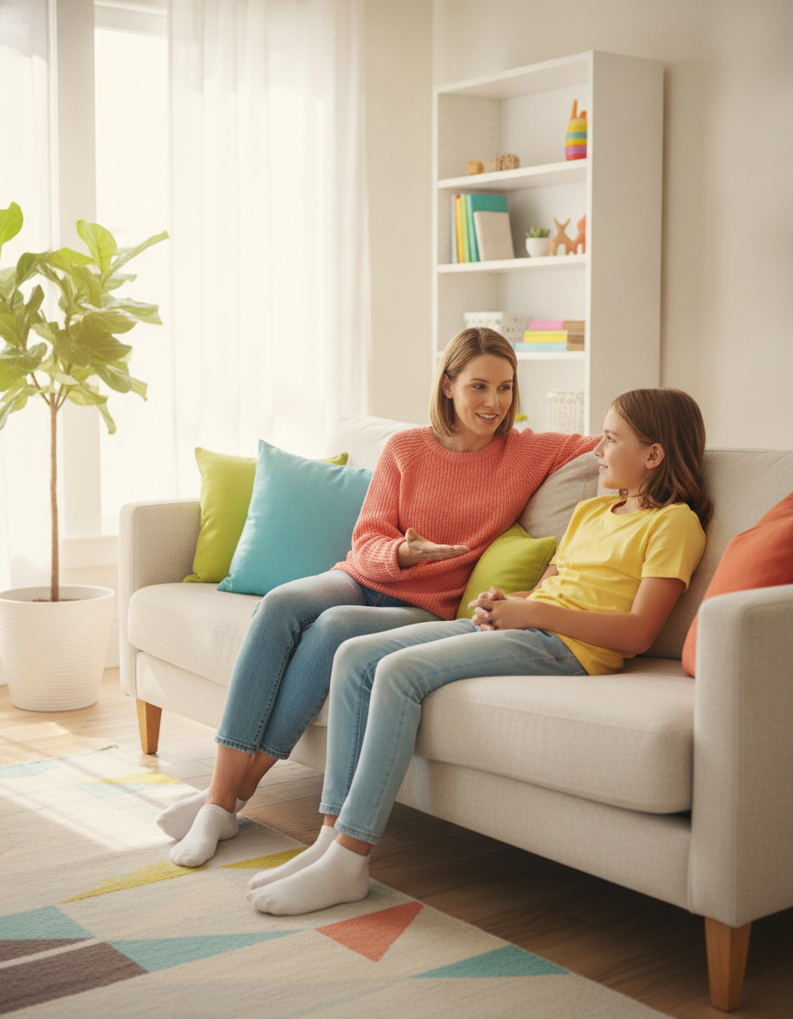 Parent and child talking together calmly at home