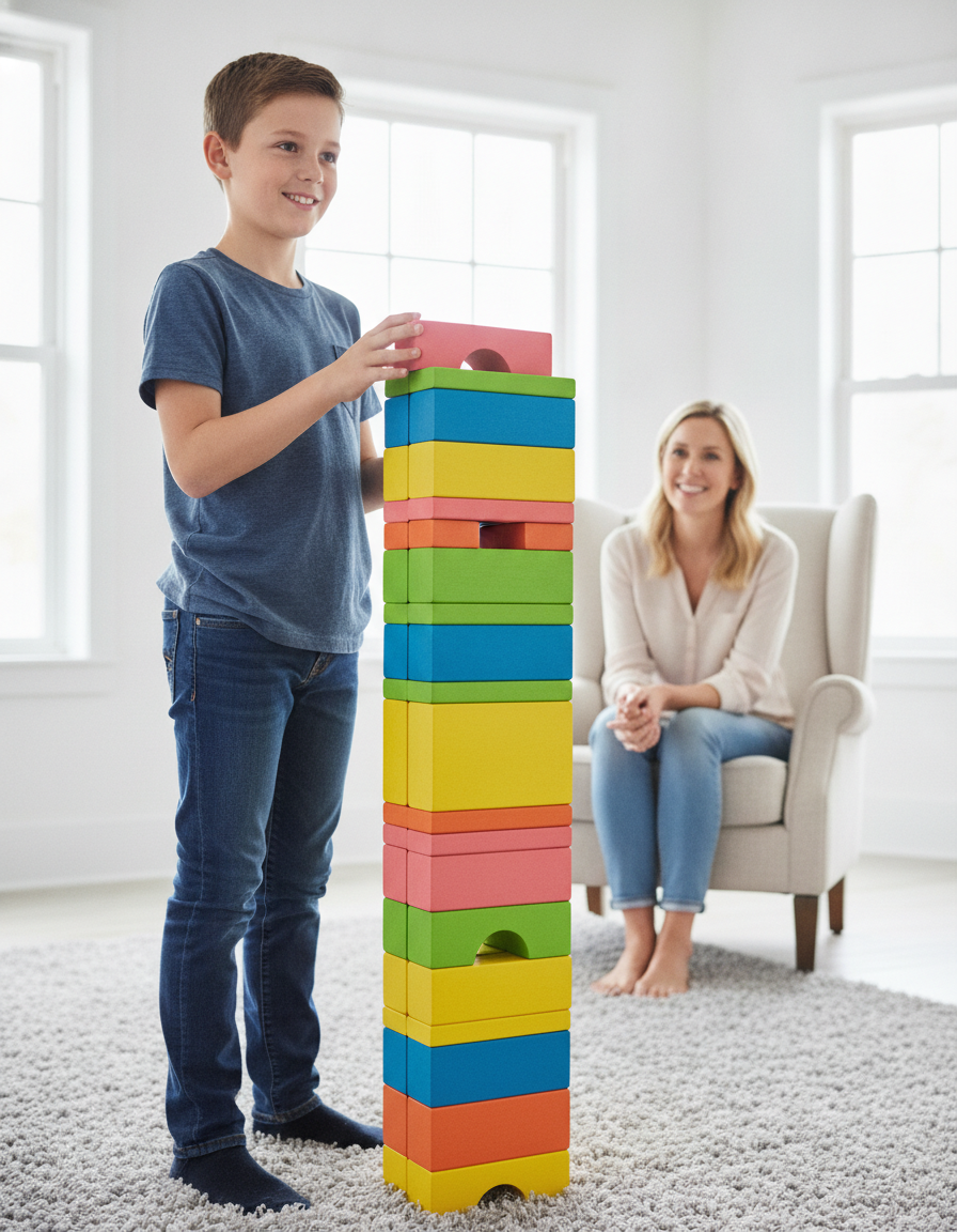 A 12-year-old boy confidently building a tall colorful block tower while his mother watches proudly