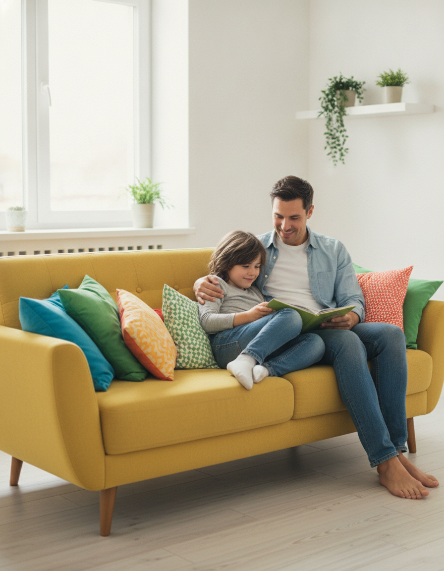 A relaxed, confident child reading comfortably on a sofa beside a smiling parent