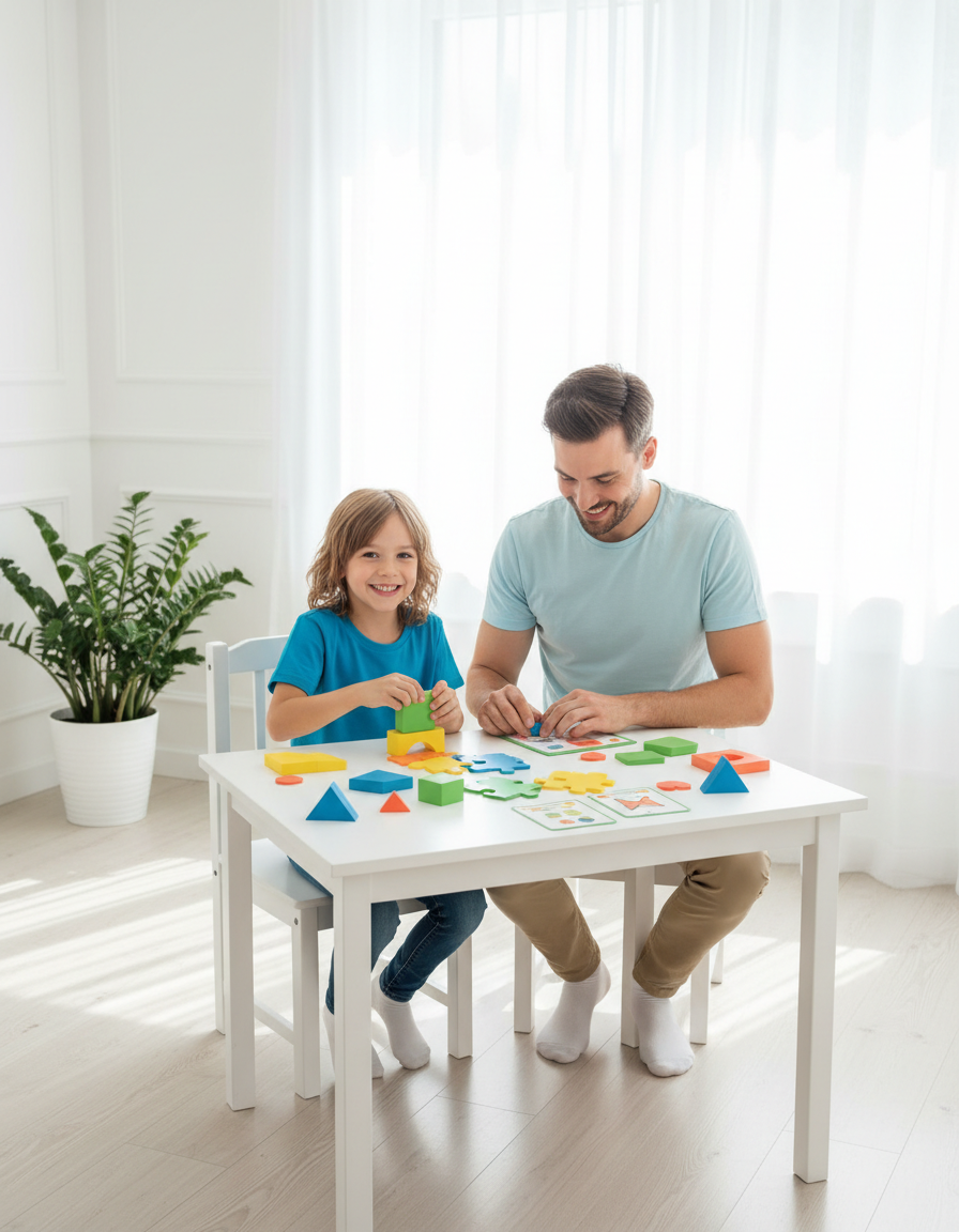 Parent and child doing a hands-on tabletop learning activity together at home