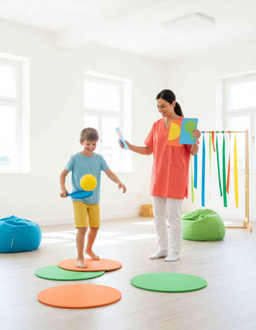 Child and parent doing a playful multi-sensory coordination and listening game together