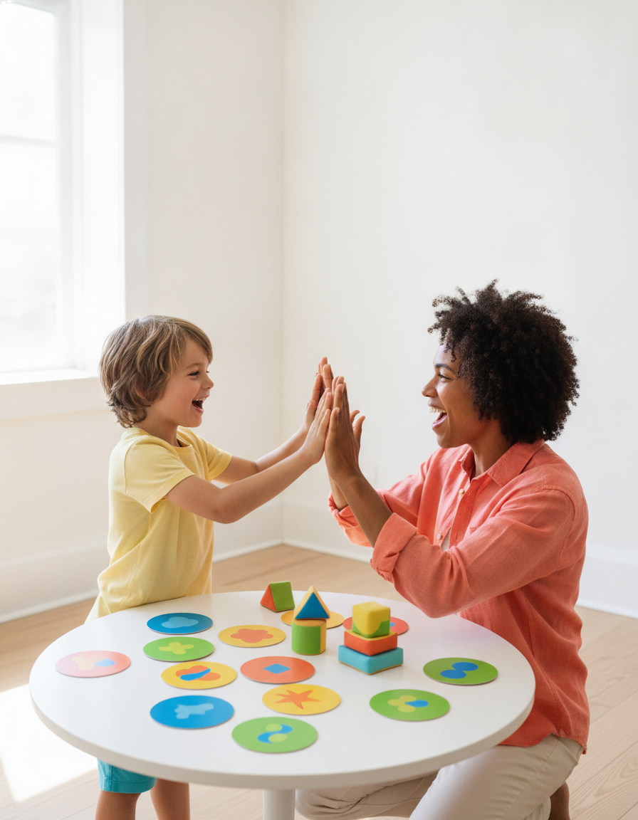 Child and parent playing a fun sound and rhyme clapping game together at a bright table